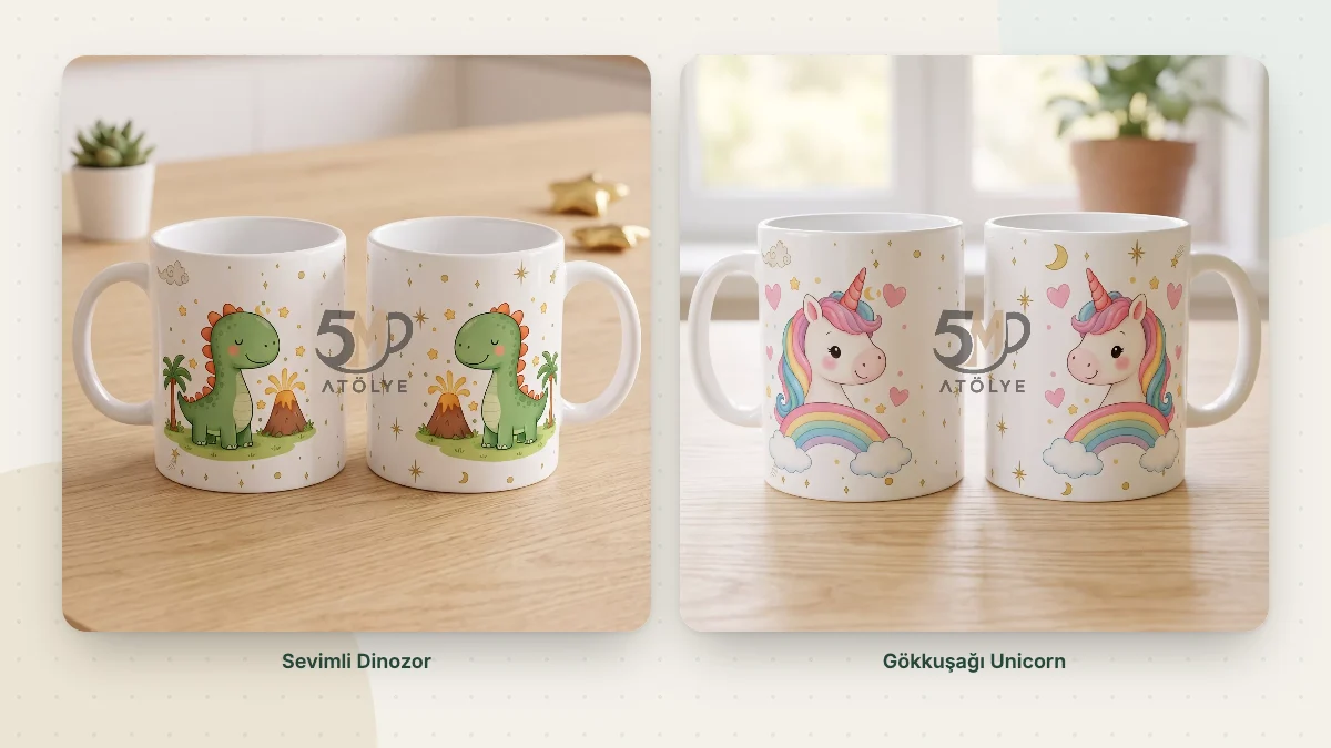 Dinozor ve unicorn süt kupaları